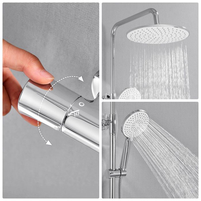 Columna de ducha termostática - AURALUM MAX - Acero inoxidable - Acabado cromado - 3 modos de ducha - Altura regulable de 102 a 125 cm