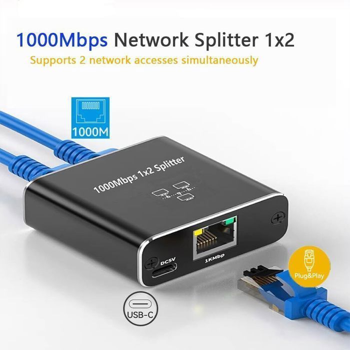 Switch Ethernet a 2 porte - OTBACT - Splitter RJ45 1000 Mbps - Alluminio - Plug & Play - Compatibile con Cat5e e Cat8
