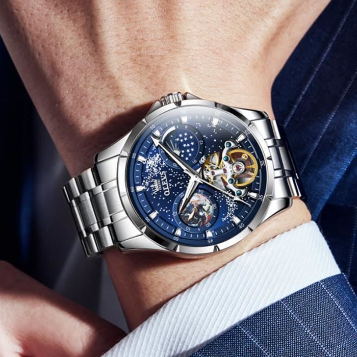 Montre homme de marque de luxe mécanique automatique chronographes affichage des phases de la lune multifonction bracelet en acier