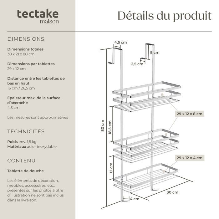 Accesorio de baño - TECTAKE - Estante de ducha con 3 baldas colgantes - Plateado