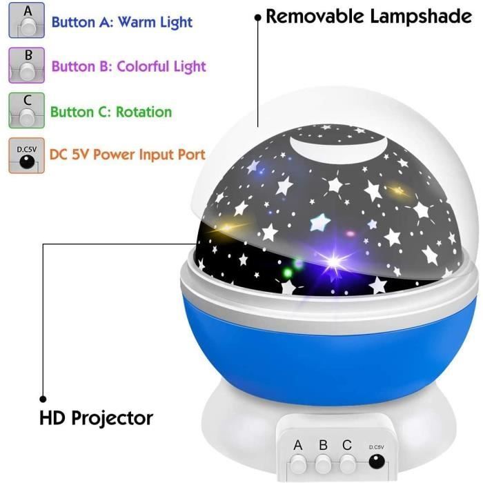 Lámpara de noche infantil con proyección de estrellas y rotación de 360° - Azul