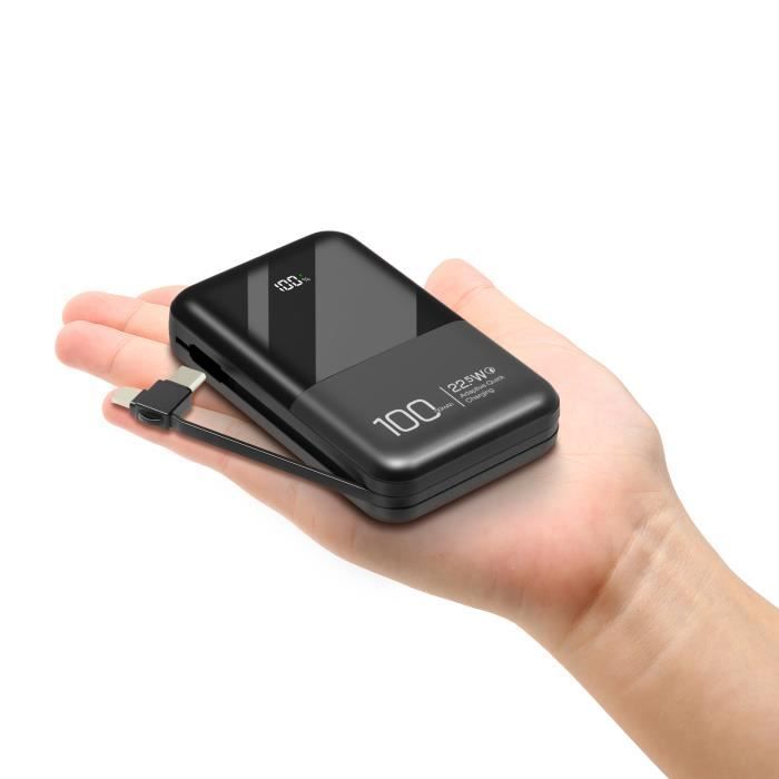 Batería externa negra de 22,5 W, mini power bank de 10000 mAh con cargador rápido, pantalla LCD/cable integrado, salida tipo C.