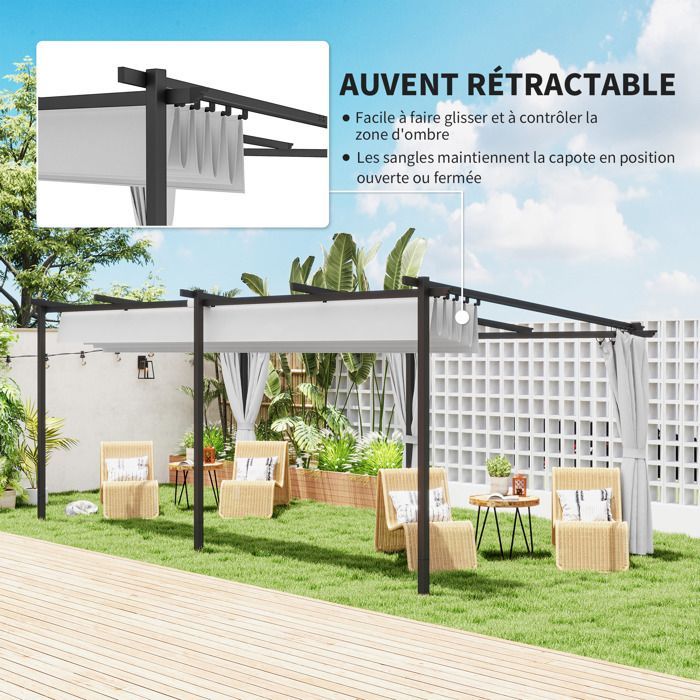 Pérgola de jardín exterior de 3 x 6 m - Outsunny - Techo corredizo retráctil - Paneles laterales - Protección solar UPF30+ - Gris