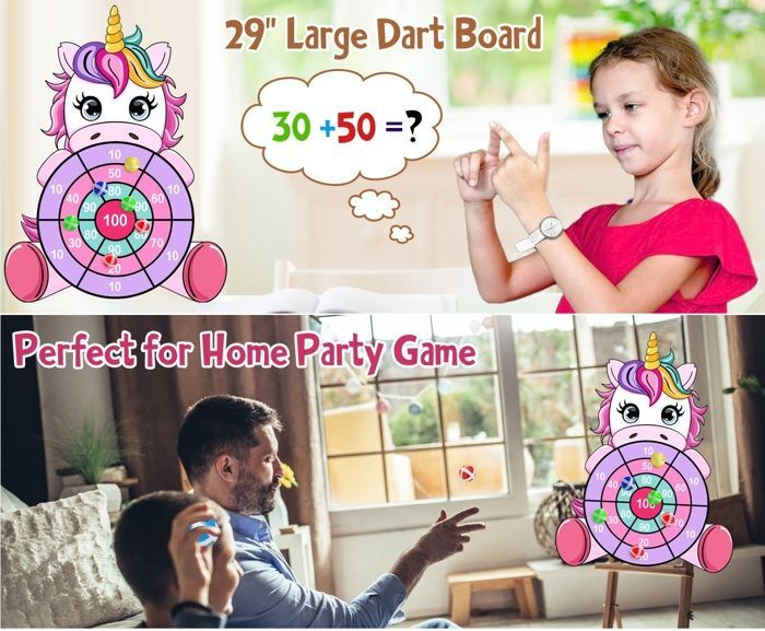 Dartbord in de vorm van een eenhoorn, speelgoed voor kinderen van 3-9 jaar met 12 plakballen en 6 darts, geschikt voor binnen en buiten.