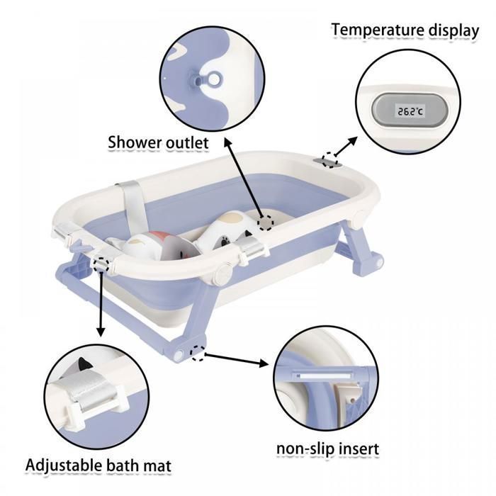 Bañera para recién nacidos - MIPAN - Bañera plegable para bebés - Con soporte + alfombrilla de baño + termómetro + juguete - Azul