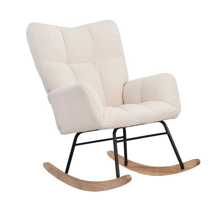 Fauteuil à Bascule,Rocking Chair,Chaise à Bascule avec Polaire Sherpa,Fauteuil Allaitement,avec Pieds en Bois Massif, Blanc