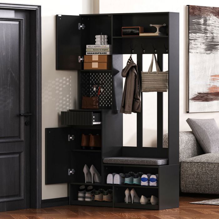 Entryway unit with 1 drawer and 2 doors - Becag - Entryway coat rack with bench and 4 hooks - 100x35x180cm - Black