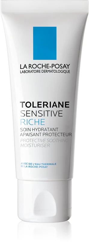 La Roche-Posay Toleriane Sensitive bagātīgs prebiotiķu mitrinošs krēms, kas samazina ādas paaugstinātu jutību.