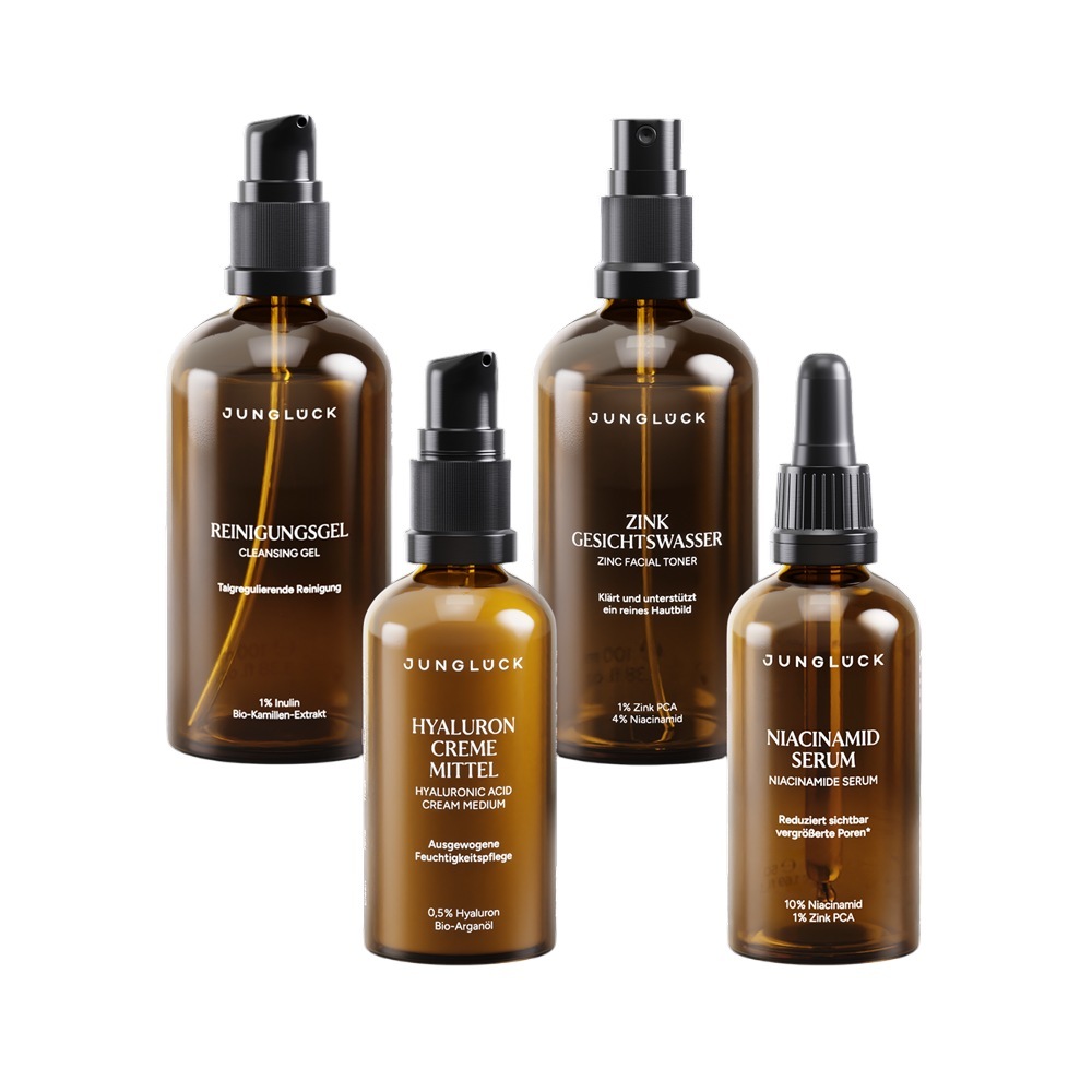 Junglück set za njegu lica za mješovitu kožu – Najprodavaniji – gel za čišćenje, tonik s cinkom, krema s hijaluronskom kiselinom, serum s niacinamidom (srednji) – 300 ml