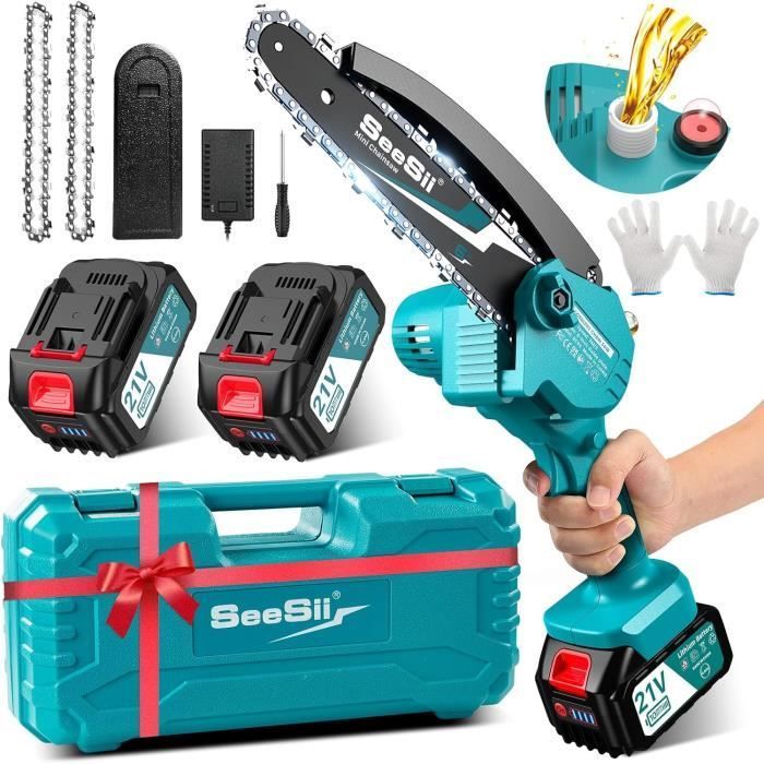 Mini motosierra eléctrica - MARCA - 6 pulgadas - 8000 mAh - 2 baterías de 4,0 Ah - Lubricación automática