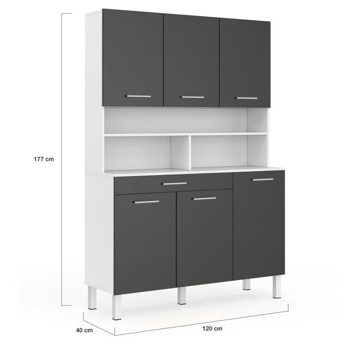 IDMARKET Buffet de cuisine 120 CM CINA 6 portes + tiroir blanc et gris brillant
