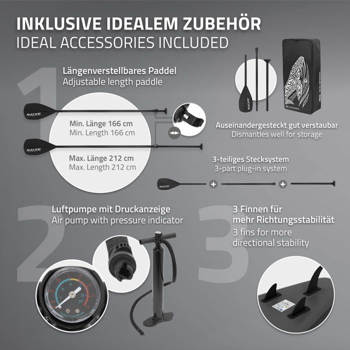 ECD Germany Stand Up Paddle Board Gonflable Makani | 320 x 82 x 15 cm | jusqu'à 150 kg | PVC | Noir | Pompe à Air Pagaie Sac