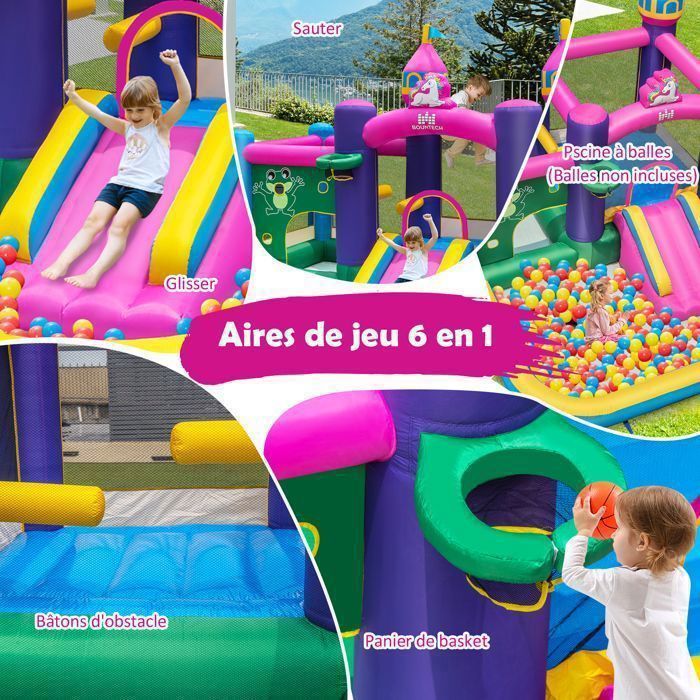 DREAMADE Opblaasbaar kasteel voor kinderen met 680W blower, zwembad, glijbaan, basketbalring, opblaasbare structuur voor binnen en buiten