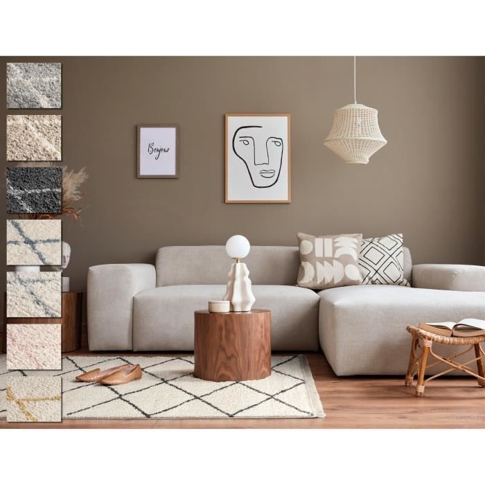 Shaggy Hallway Rug 80x300 cm Cream Anthracite Diamond Pattern - TESSO LIVING - Long Pile 3 cm - Synthetic