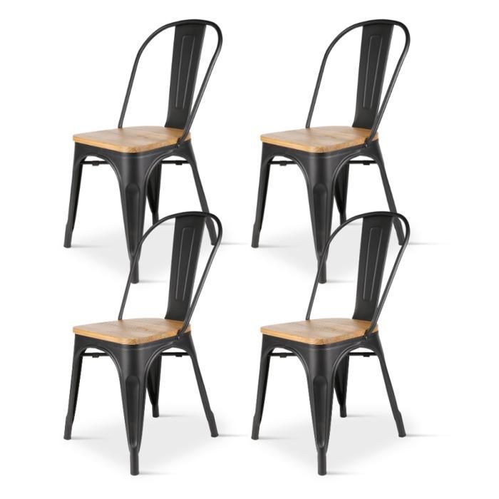 Set di 4 sedie in metallo nero opaco con seduta in legno chiaro - Stile industriale