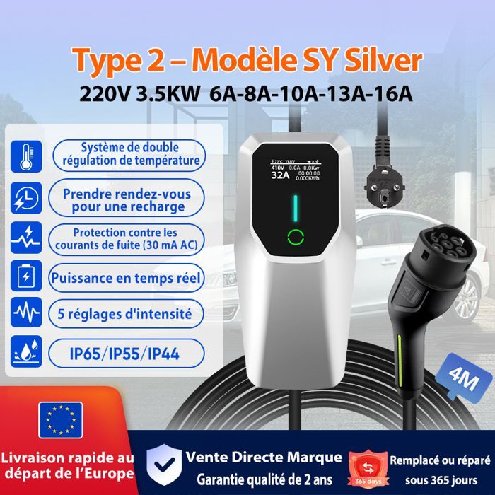 Cargador de pared para vehículos eléctricos de 3,5 kW, 6-8-10-13-16 A, potencia de 1,3~3,5 kW, IP65. Programe una cita de carga de 1 a 10 horas. 4 metros.