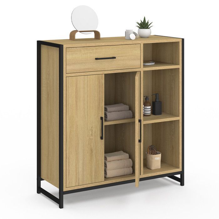 IDMARKET DETROIT bathroom storage unit with 1 drawer, 2 doors, cupboard and shelves, industrial design