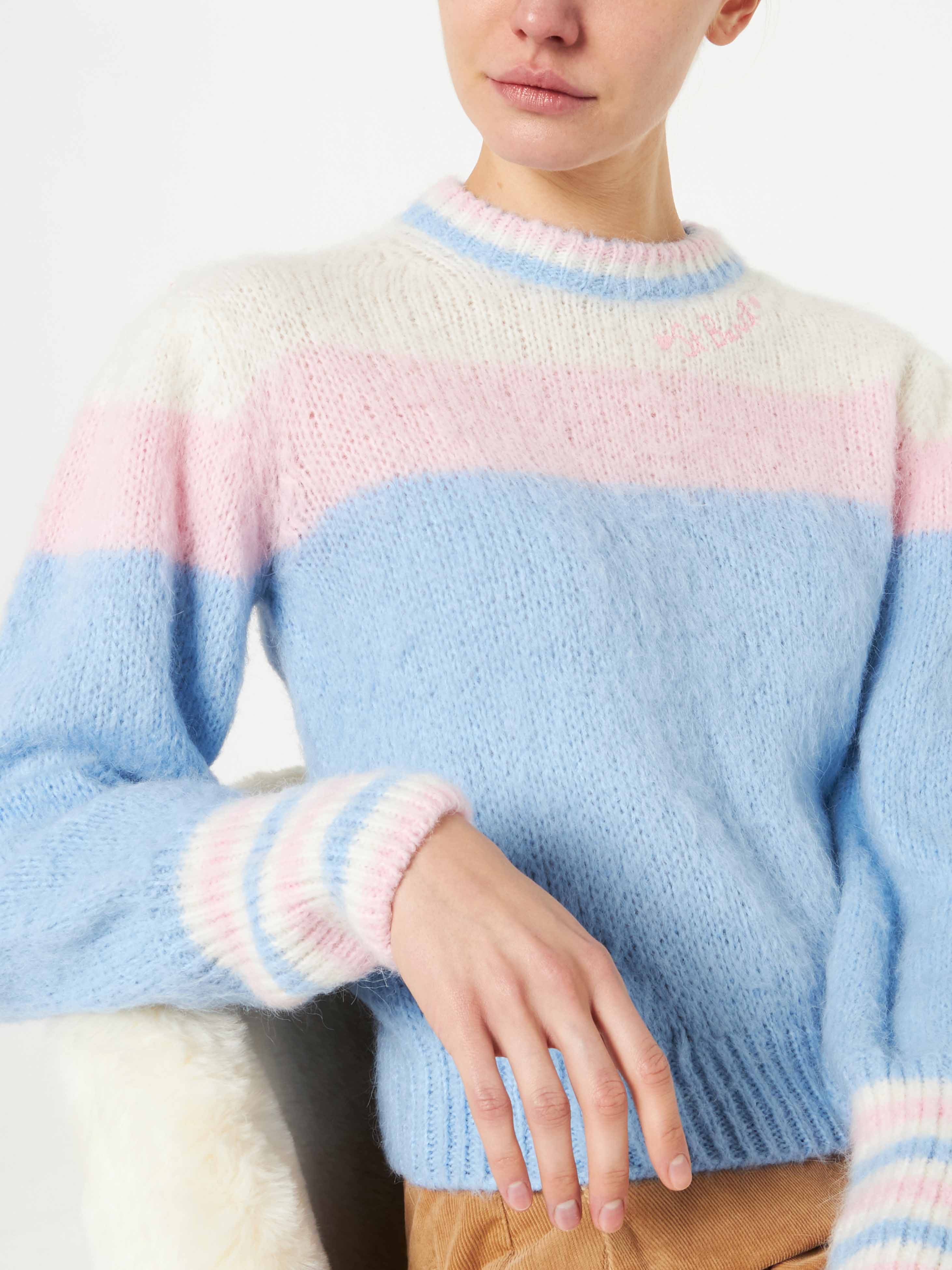 Maglione in misto alpaca garzato con maniche a sbuffo e ricamo St. Bar