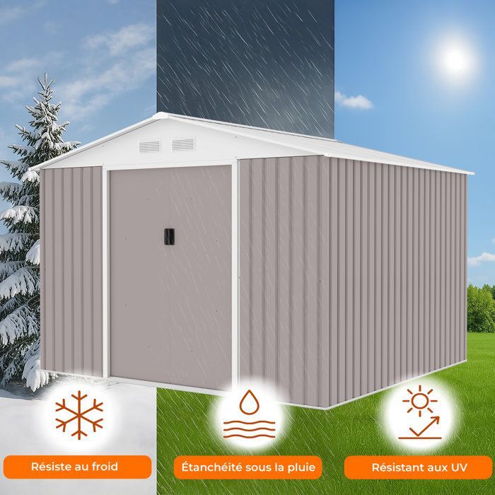 7,06 m² Metalen tuinschuur - 277 x 255 x 202 cm - MERCURE - Inclusief verankeringsset, 2 schuifdeuren - Taupe