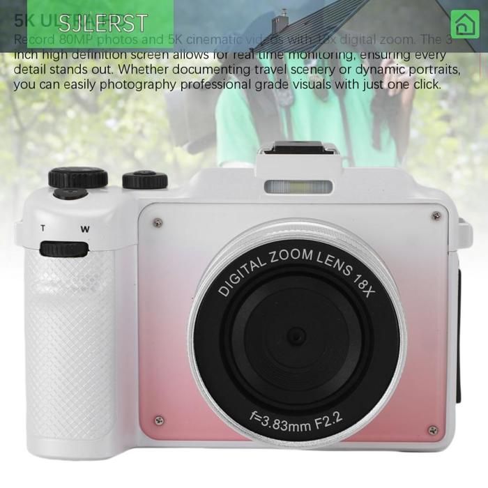 sjlerst 5K Digital Camera HD 80MP WiFi Front/Rear Lens 18X Digital Zoom Optical Vlog Gradient Pink
