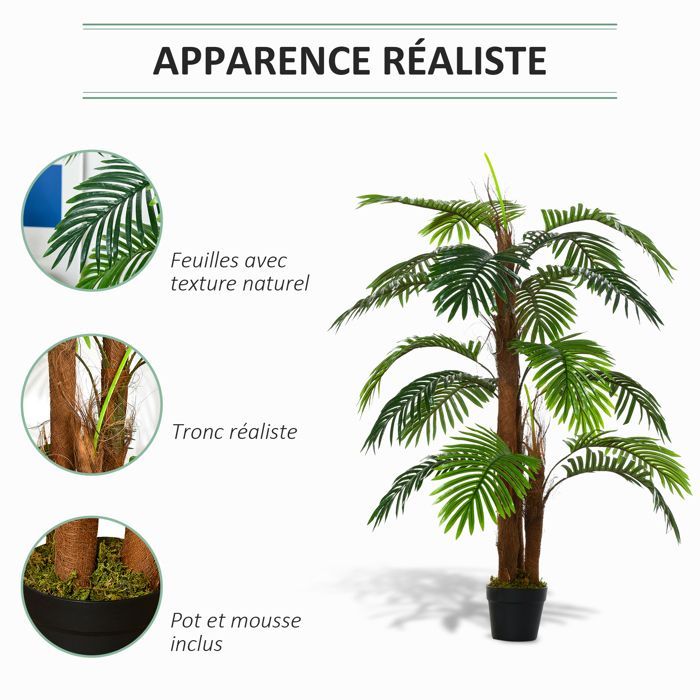Palmera artificial - Outsunny - 1,2 m de altura, tronco, ramas, líquenes y hojas realistas - plástico - 1,2 m