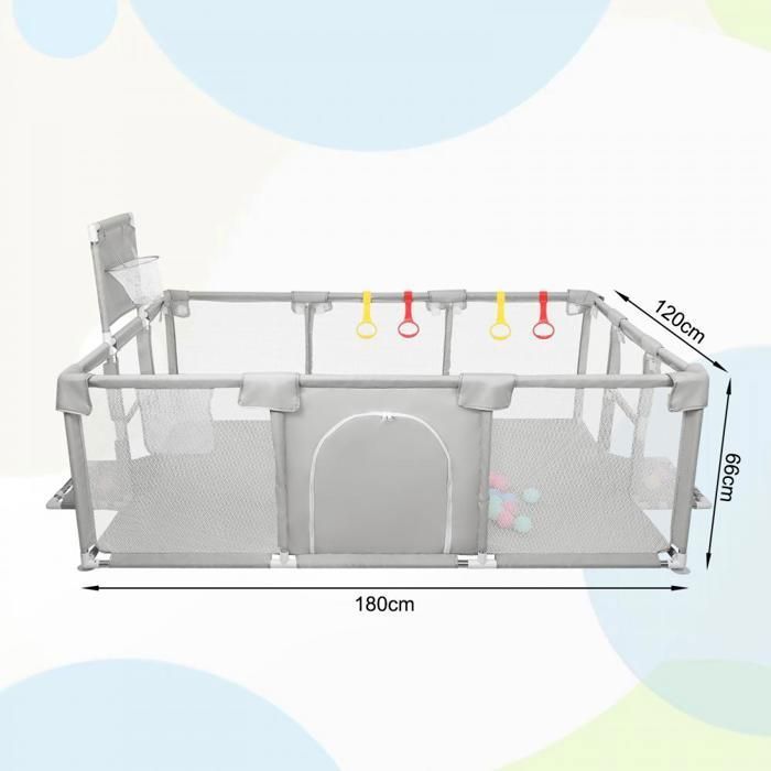 Parque infantil de seguridad - MIPAN - Valla para bebés con pelotas de mar + 4 asas - 180*120*66cm - Gris claro
