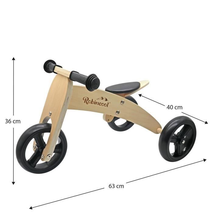 Vélo Sans Pédales Montessori Robincool Fast Wheels 63x32x36 cm Transformable en Tricycle en Bois Éco Couleur Naturel et Noir