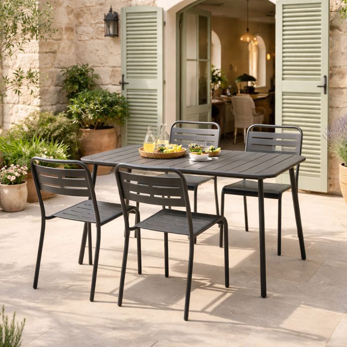 BERGAME - Conjunto de mesa de jardín de 120 cm y 4 sillas, gris oscuro