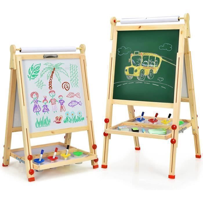 Caballete infantil de doble cara GOPLUS en madera de pino - Altura ajustable en 3 niveles - Caballete 3 en 1 con abundantes accesorios