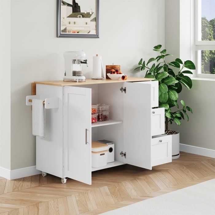 Isla de cocina con tablero abatible - tablero de roble - 135 x 44(70) x 90 cm, carrito de cocina con 3 cajones, 2 puertas - Blanco