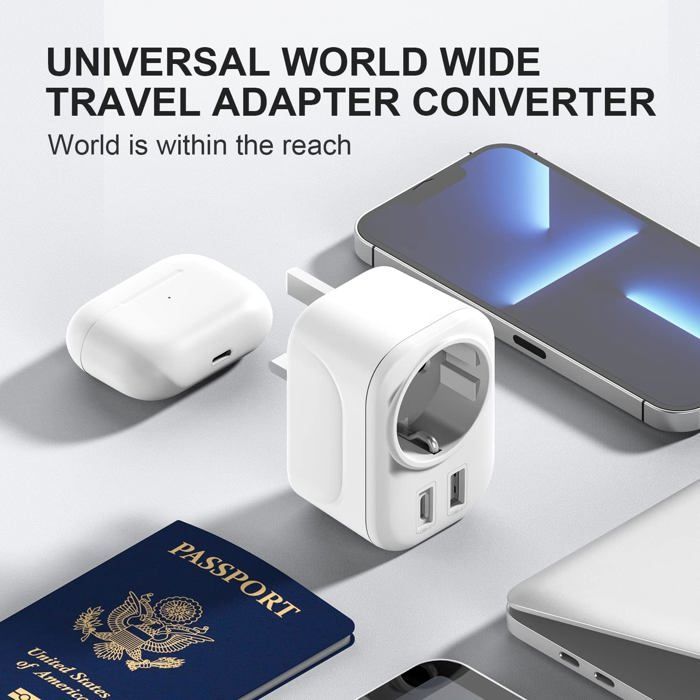 Adattatore da viaggio da Regno Unito a Francia con USB A e C 2.4A, da spina europea francese a 2 pin a spina britannica a 3 pin