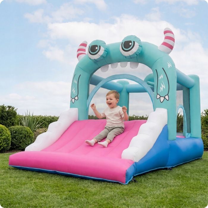 Area giochi gonfiabile KINDI con scivolo, canestro, soffiatore e castello da giardino per bambini
