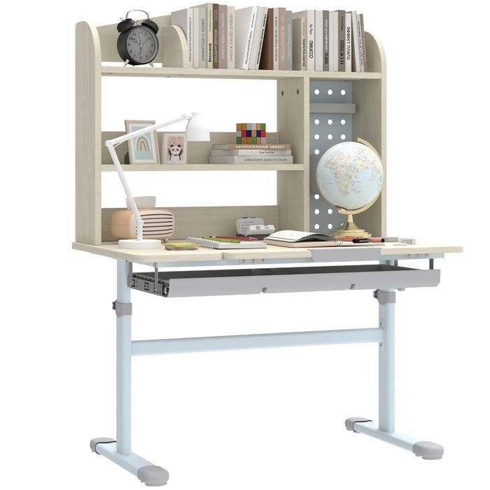 Bureau pour enfants - AIYAPLAY - réglable en hauteur, plateau inclinable, tiroir, étagère - PP - 80x51x108,5-130,5cm - naturel