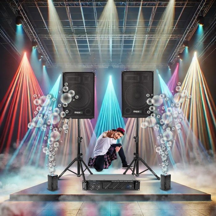 DJ Sound System Pack: 2 Ibiza DISCO12B Speakers (2x600W) - Speaker Stand - 2x480W Fan-Assisted Amplifier - 2 BUBBLE-DREAM LED Bubble Machines - Cables