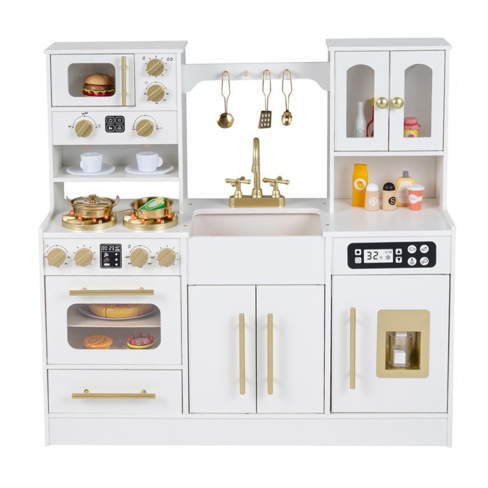 Cuisine Enfant COSTWAY en Bois 3Ans+, 12 Accessoires, Lumières et Sons, avecMachine à Glace, Micro-ondes, Machine à Café Blanc