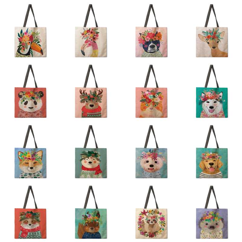 Sac de plage/sac lounge en toile réutilisable à motif floral et animal, sac de courses, sac lounge