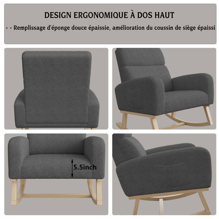 Fauteuil à Bascule - LUMINARIX - Rocking Chair - Gris foncé - Pieds en bois massif - Style Scandinave