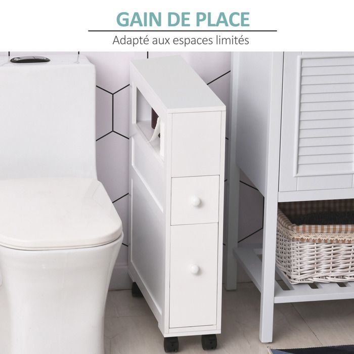 Mueble de baño - HOMCOM - con ruedas - con estante abierto y 2 cajones - 16 x 52 x 71,5 cm - blanco