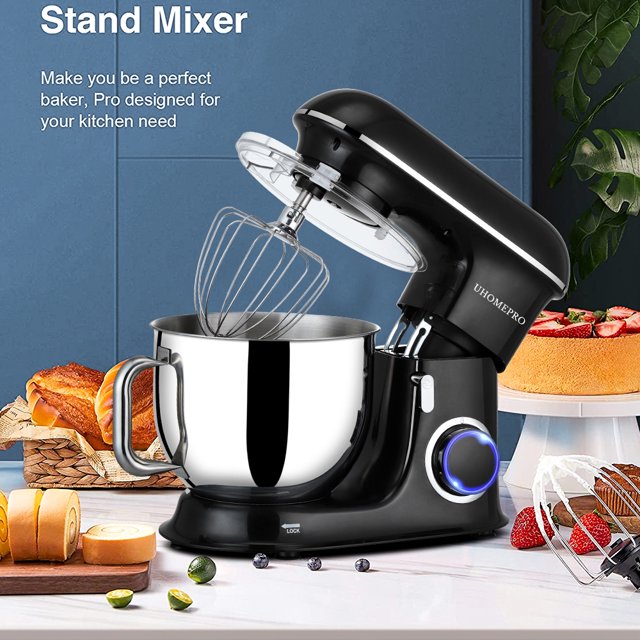 uhomepro 7.5 QT kuchyňský kuchyňský kuchyňský robot, 6+0+P rychlostí, naklápěcí hlava, 660W, hnětač těsta, domácí komerční míchání, elektrický kuchyňský hnětač na dorty s hnětacím hákem, šlehačem, metličkou na vejce, špachtlí, vhodný do myčky nádobí