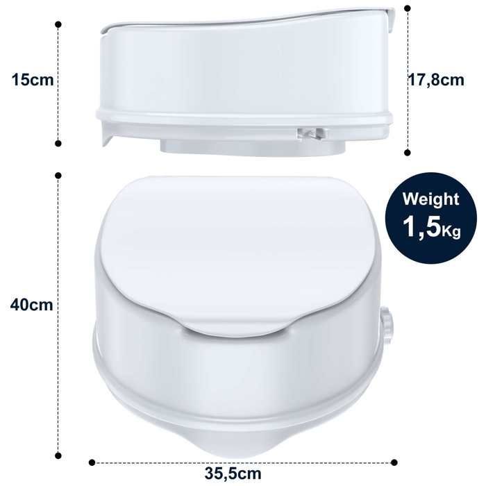 Rehausseur WC 15 cm avec couvercle, siège toilette ergonomique antidérapant jusqu’à 180 kg