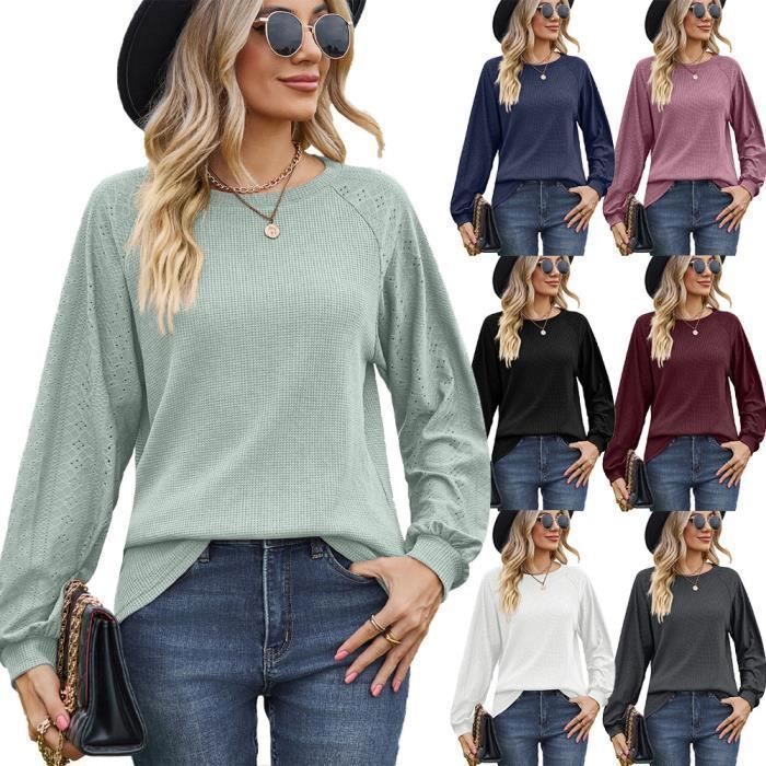 Pull Femme Manches Longues Col Rond Pullover Lâche Confortable Couleur Unie Pour Printemps Et Automne - Taille EU - Bleu Marine