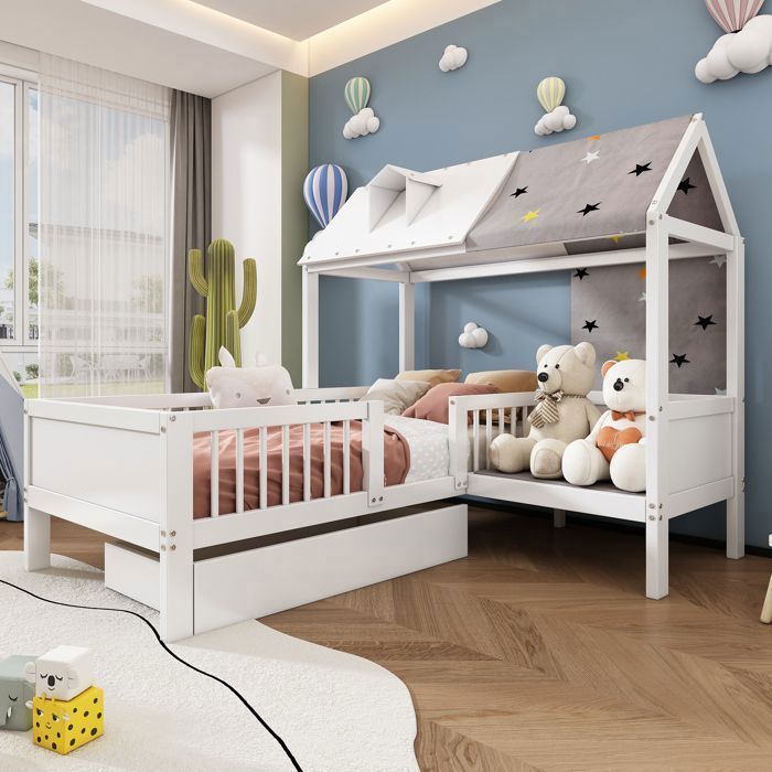 Letto per bambini in legno a forma di casetta, letto singolo, multifunzionale, con tenda in tela e cuscini, cassetti in