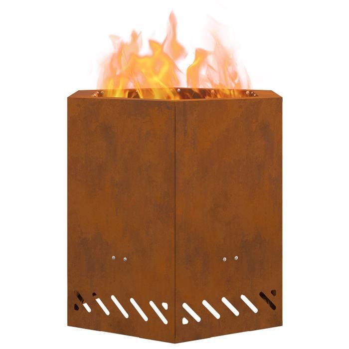 Hexagonal fire pit 48×48×51 cm in rust-resistant weathered steel — Brown