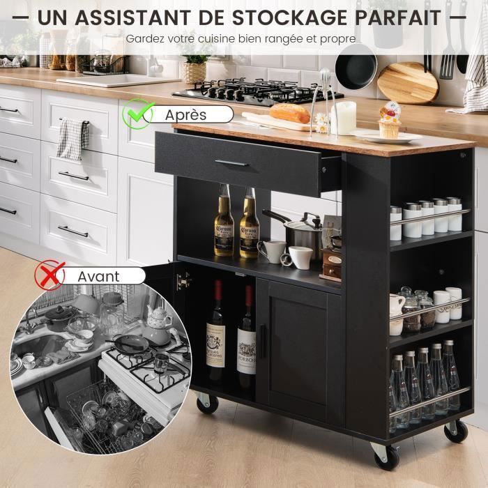 Carrito de cocina COSTWAY con ruedas (2 con cerradura) 82x46x92cm, isla de cocina con 3 especieros, color negro.