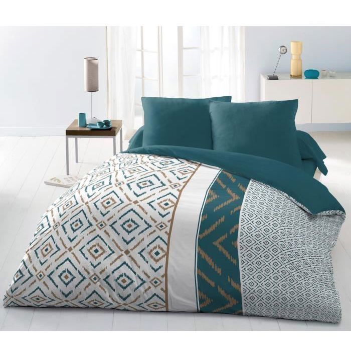Juego de funda nórdica de microfibra ETHNO de 220x240 cm y 2 fundas de almohada de 63x63 cm, color azul pato.