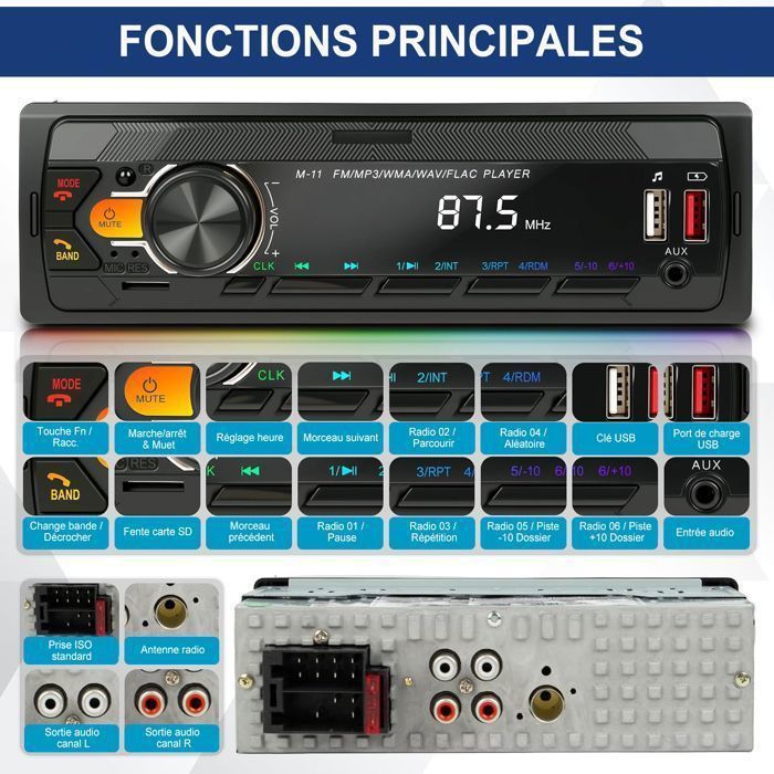 Rádio automotivo Bluetooth 1 DIN - 7 cores, FM, Bluetooth 5.0 - para carros de 12V, compatível com 2 USB/AUX/MP3/iOS/Android