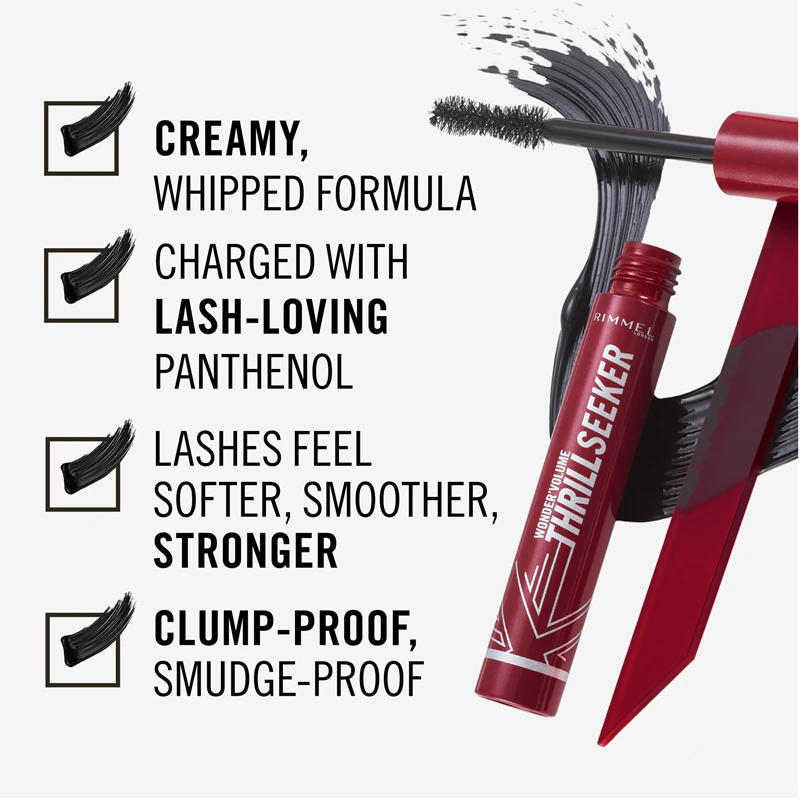 Máscara Rimmel WonderVolume Thrill Seeker que curva e dá volume aos cílios.