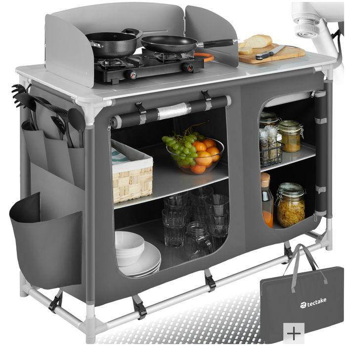 Muebles de camping - TECTAKE - Cocina de camping plegable con bolsa de transporte 116 x 52 x 107 cm - Gris