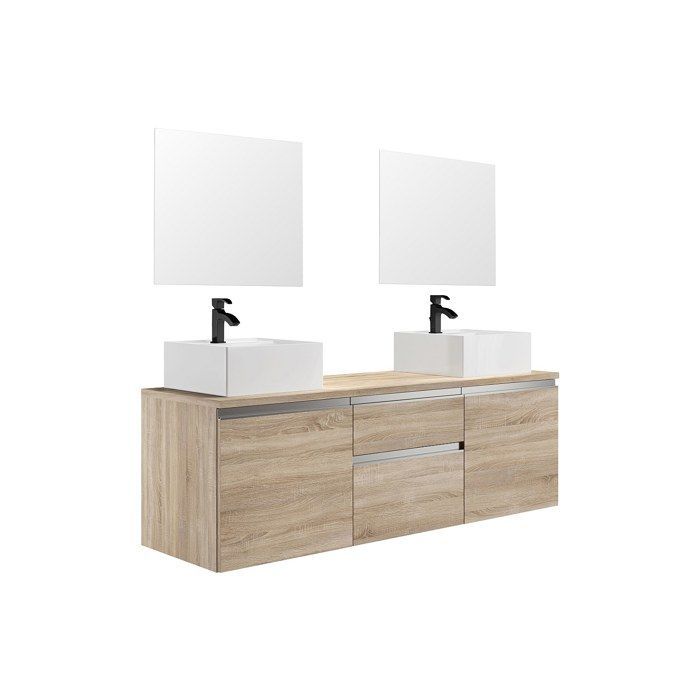 Mobile bagno sospeso con doppio lavabo e specchi - Naturale chiaro - 150 cm - JIMENA II