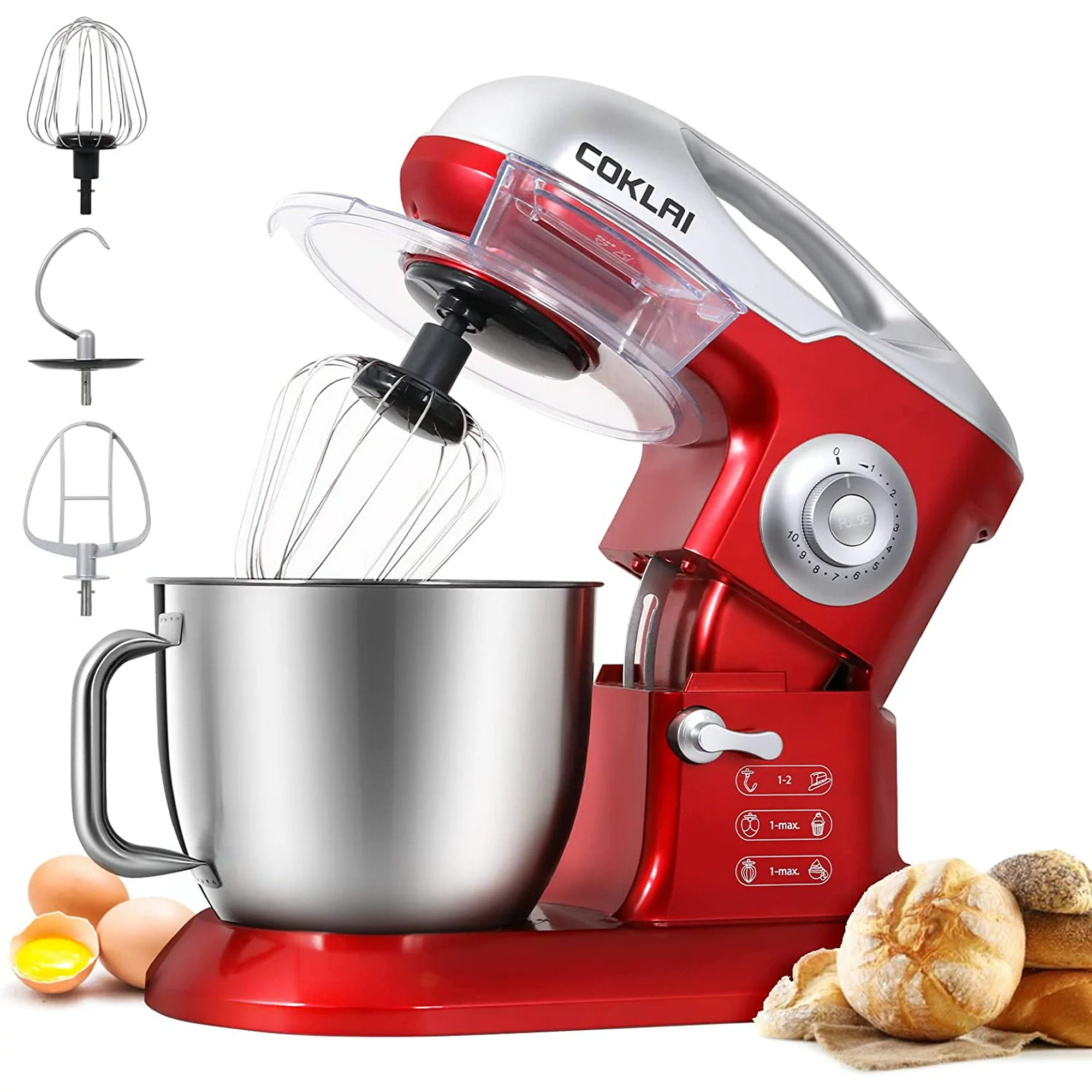 COKLAI Staande Mixer, 10 Snelheden, Kantelbare Kop, 660W, 7,3 QT Elektrische Mixer met Roestvrijstalen Mengkom, Keukenmixer met Deeghaak, Platte Klopper, Garde en Spatbescherming